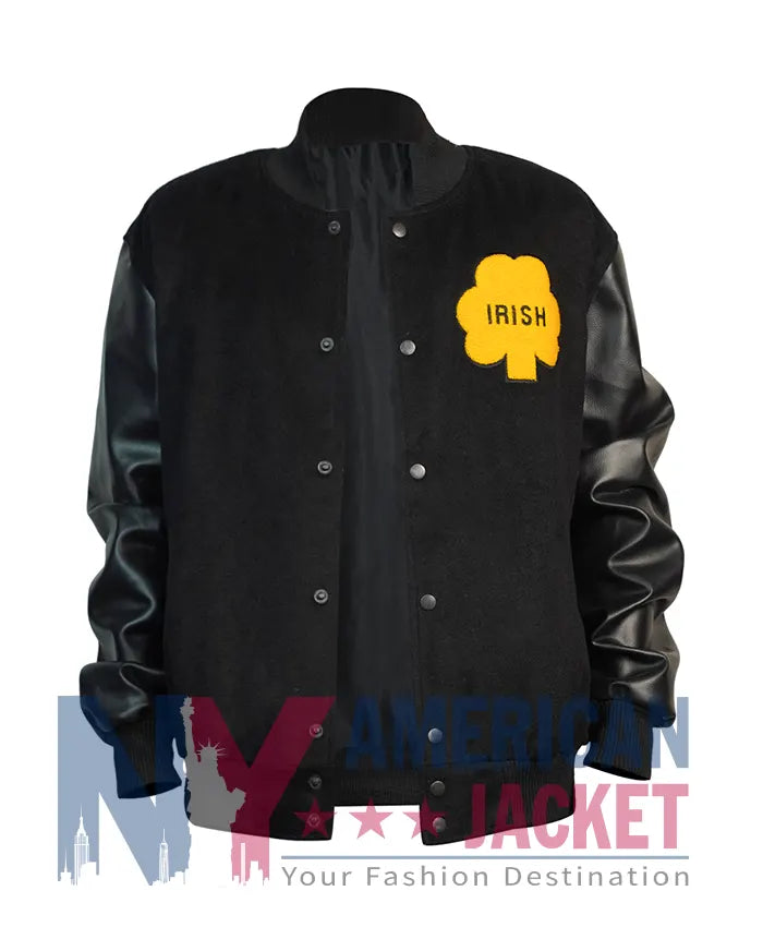 Notre Dame Rudy Irish Black Varsity Bomber Jacket  - Recreated
