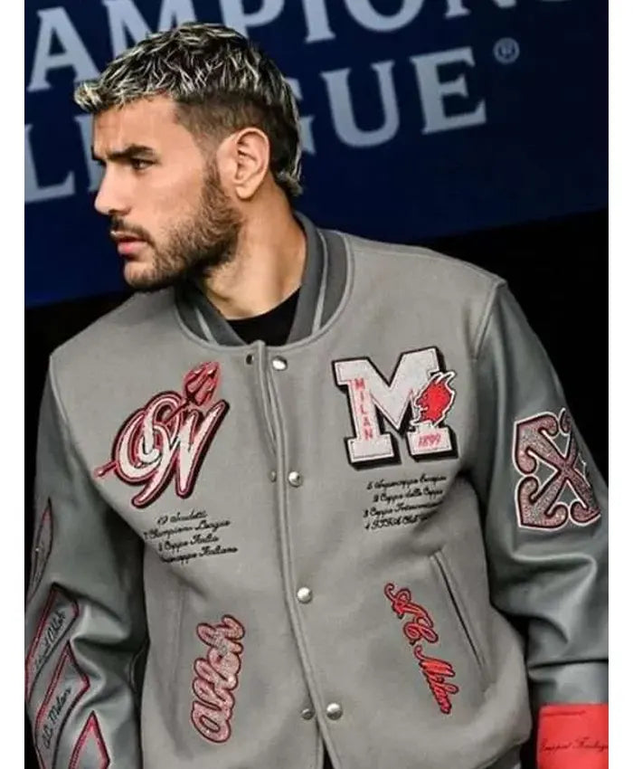 Off White X Ac Milan Grey Varsity Jacket  - Recreated
