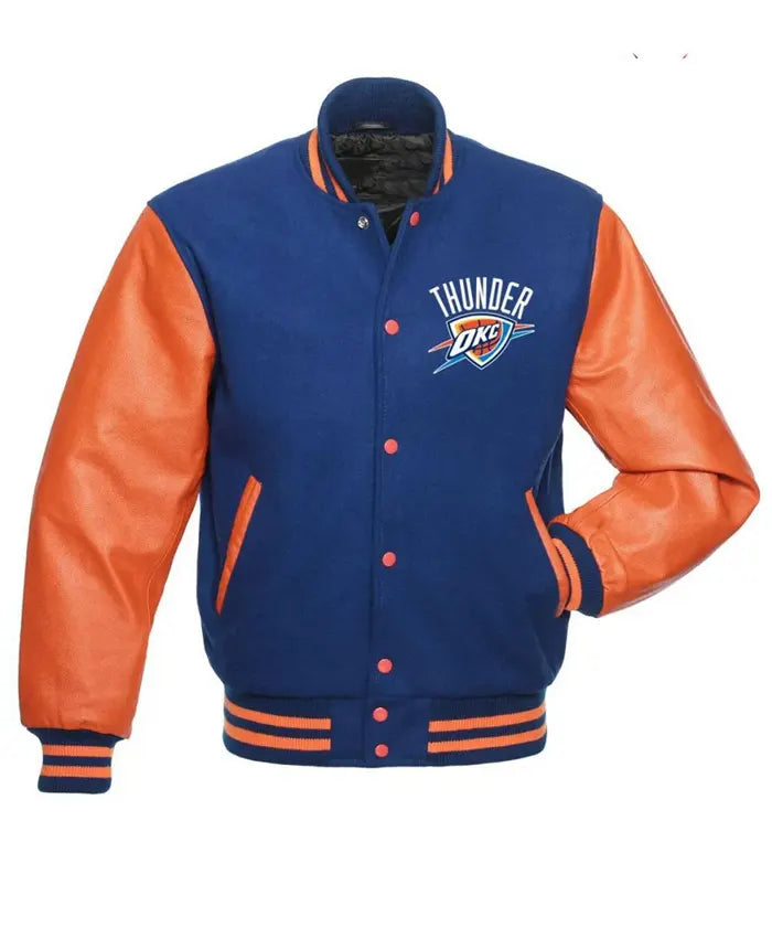 Oklahoma City Thunder Orange And Blue Letterman Jacket  - Recreated