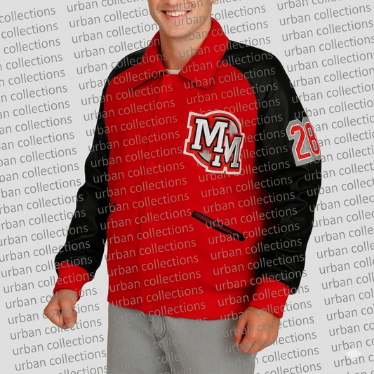 Person wearing a red and black jacket with a logo on a 'urban collections' branded background