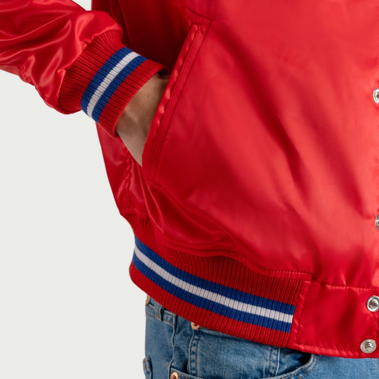 Red Satin Letterman Jacket with White Stripes