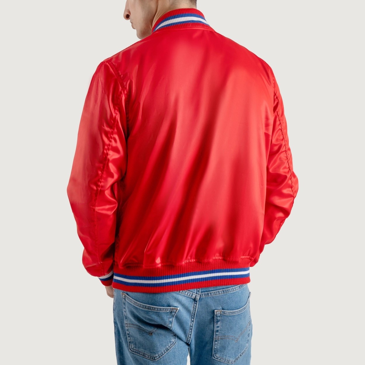 Red Satin Letterman Jacket with White Stripes