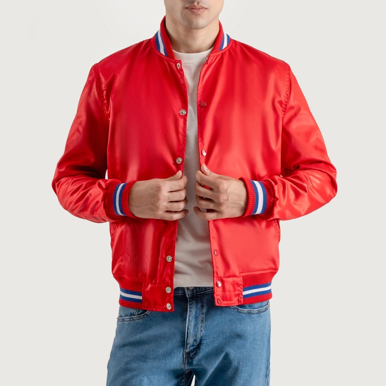 Red Satin Letterman Jacket with White Stripes