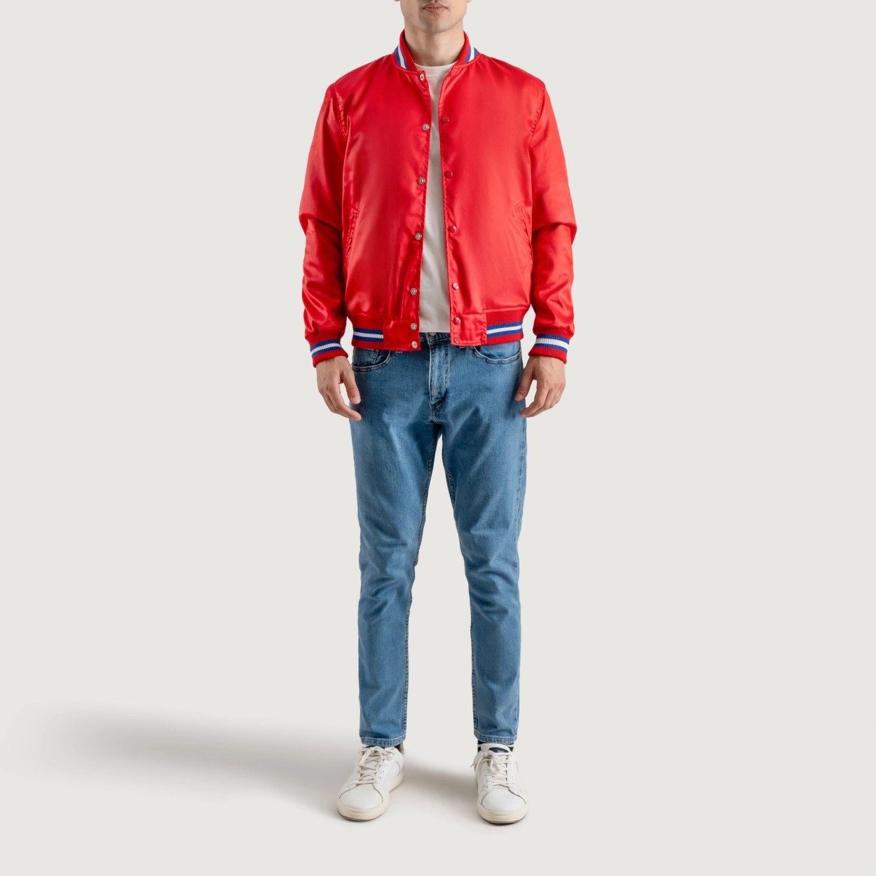 Red Satin Letterman Jacket with White Stripes