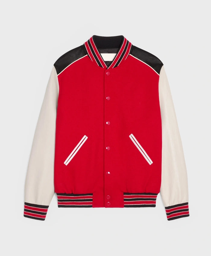Red Triple Color Rib Color Lettermen Varsity Jacket  - Recreated