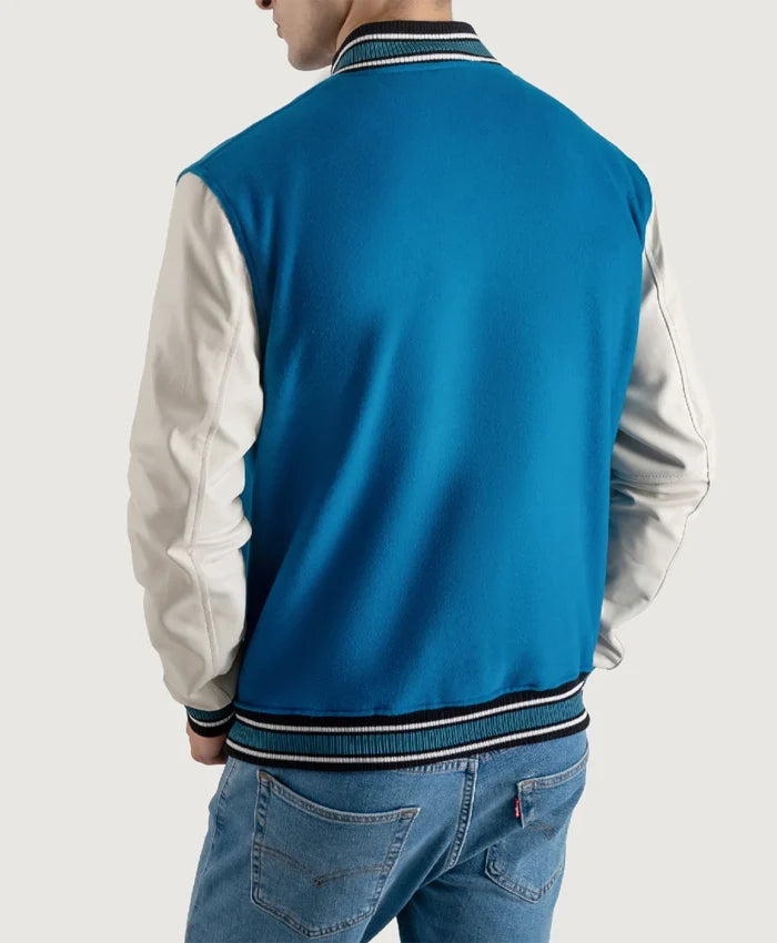 Roderick Sky Blue and White Varsity Letterman Jacket  - Recreated