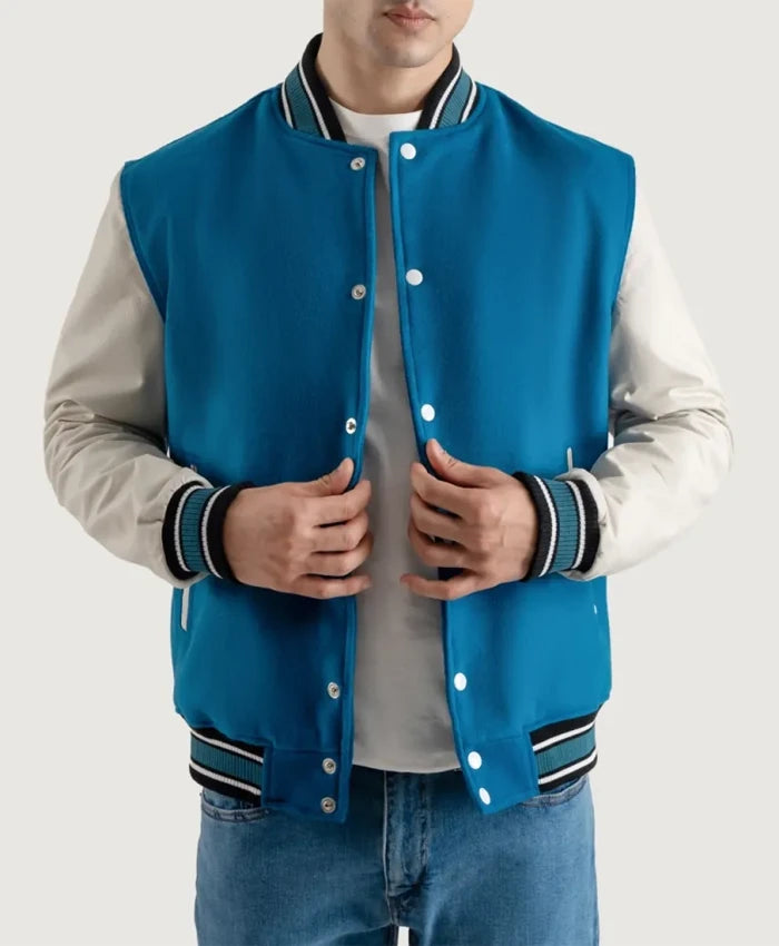 Roderick Sky Blue and White Varsity Letterman Jacket  - Recreated