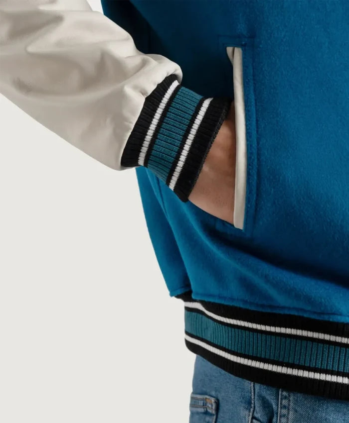 Roderick Sky Blue and White Varsity Letterman Jacket  - Recreated