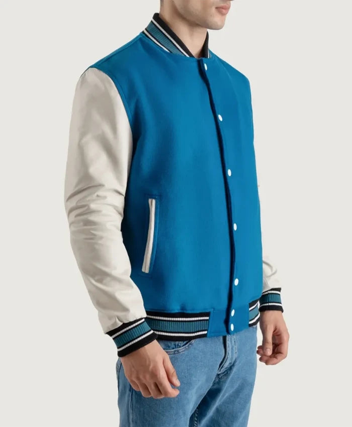 Roderick Sky Blue and White Varsity Letterman Jacket  - Recreated