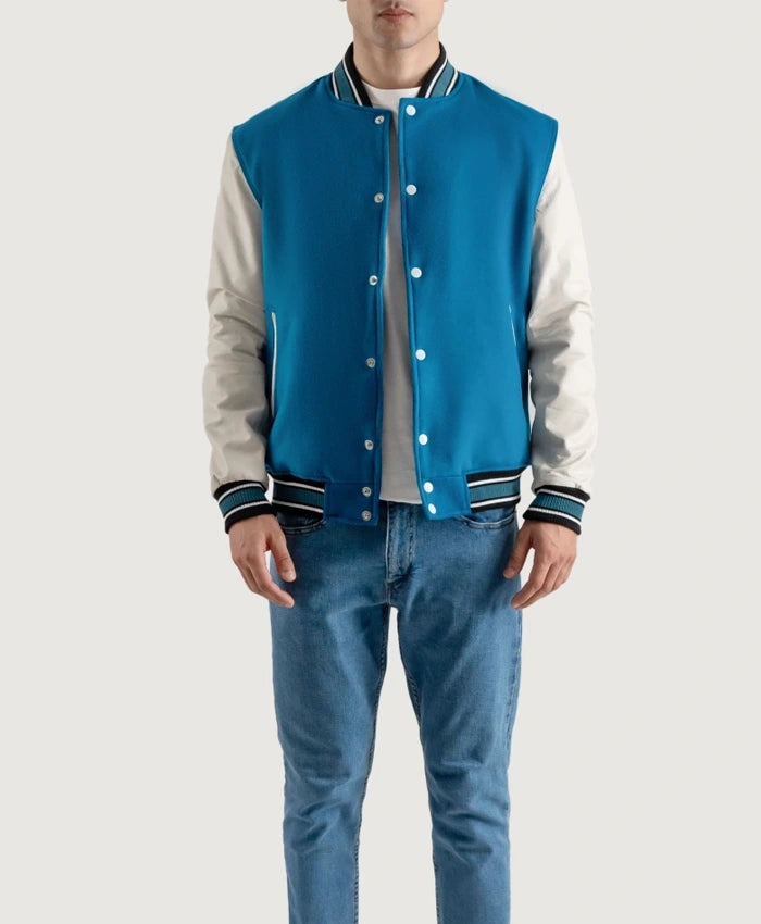 Roderick Sky Blue and White Varsity Letterman Jacket  - Recreated