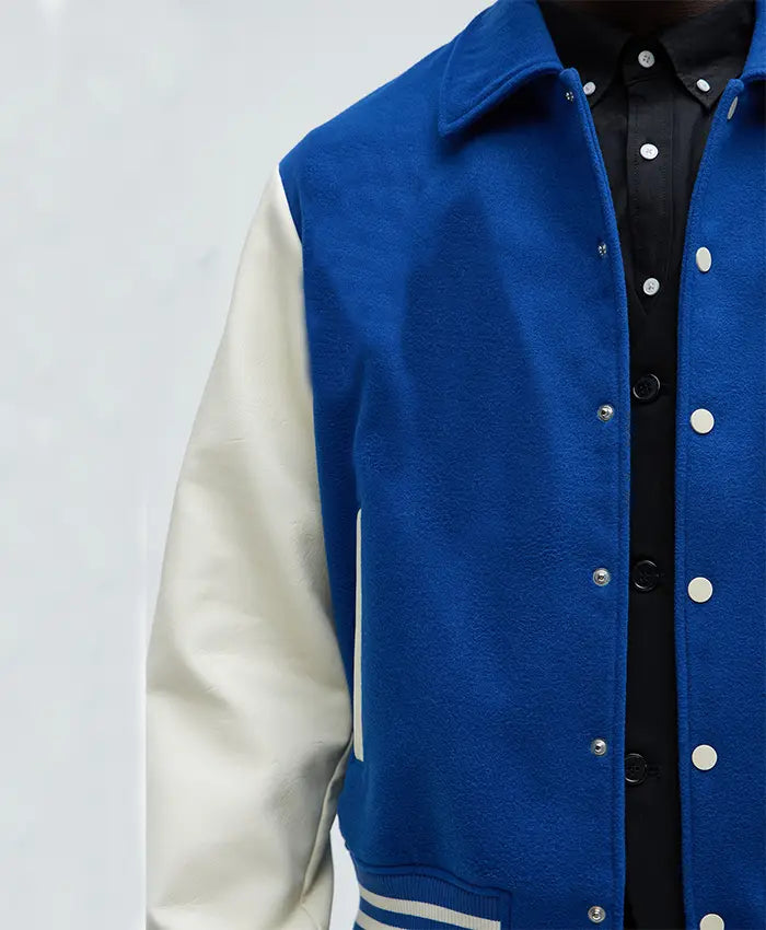 Royal Blue White Varsity Jacket For Mens  - Recreated