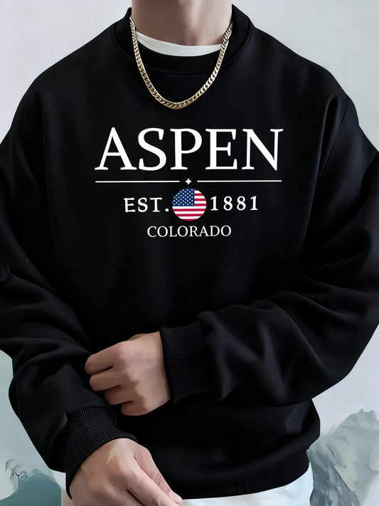 Aspen Colorado Est 1881 Printed Fleece Tops Men'S Street Comfortable Hoodies Basic Soft Streetwear Thicken Fashion Sweatshirts
