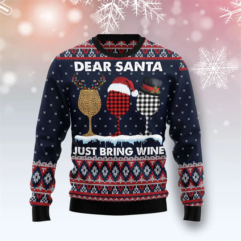 Santa Claus Wine Pattern Ugly Christmas Sweater Fashion 2026 3D Printed Hoodies Men New Year Holiday Merry Christmas Sweatshirts