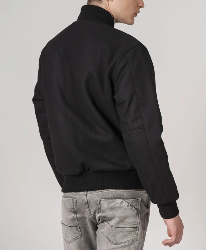 Simple Black Wool Baseball Varsity Jacket  - Recreated