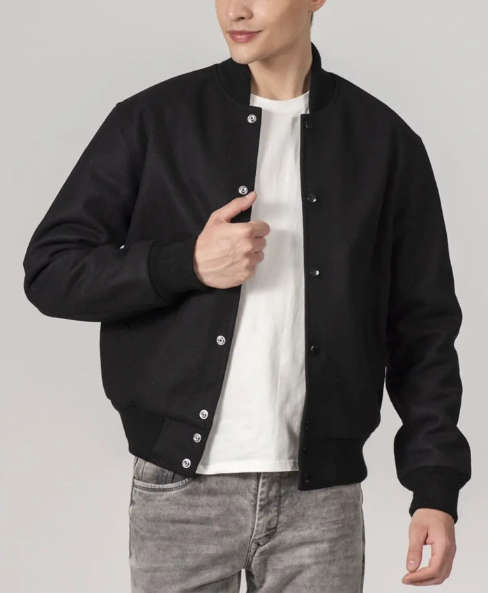 Simple Black Wool Baseball Varsity Jacket  - Recreated