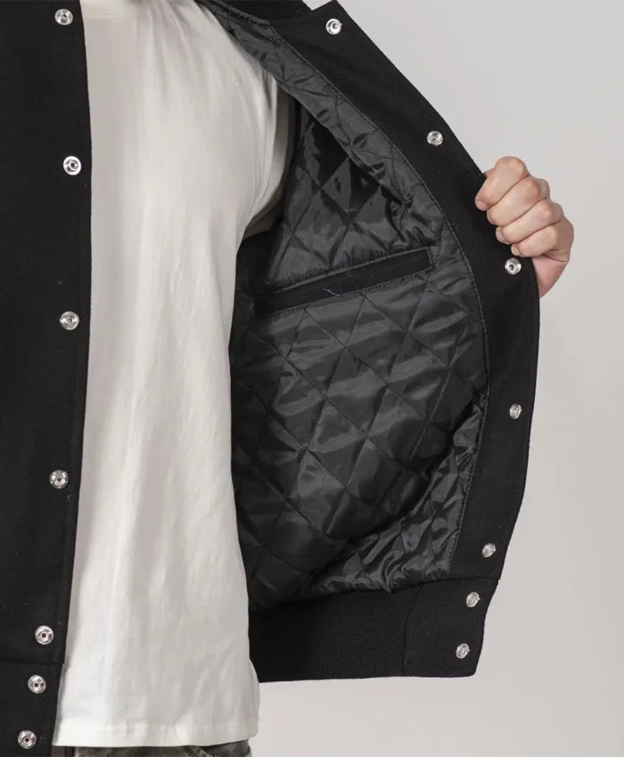 Simple Black Wool Baseball Varsity Jacket  - Recreated