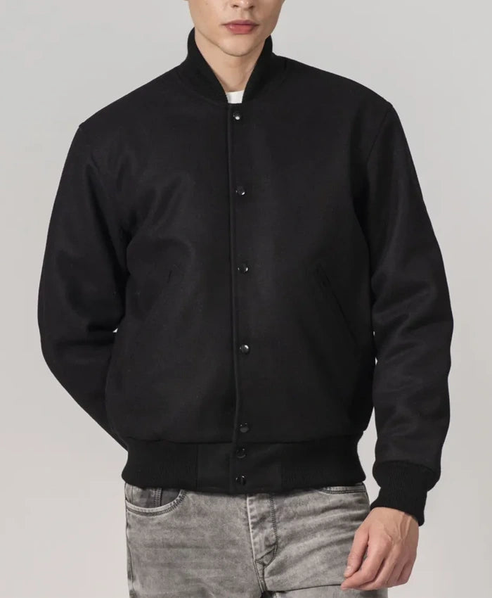 Simple Black Wool Baseball Varsity Jacket  - Recreated