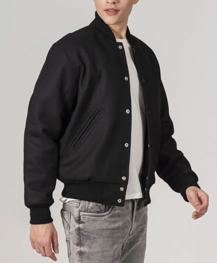 Simple Black Wool Baseball Varsity Jacket  - Recreated