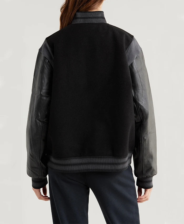 Sportswear Womens Black Leather Sleeves Bomber Jacket  - Recreated