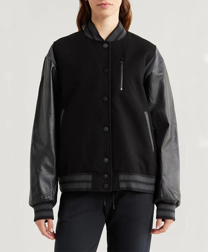 Sportswear Womens Black Leather Sleeves Bomber Jacket  - Recreated