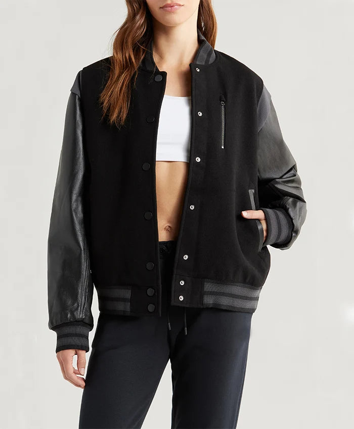 Sportswear Womens Black Leather Sleeves Bomber Jacket  - Recreated