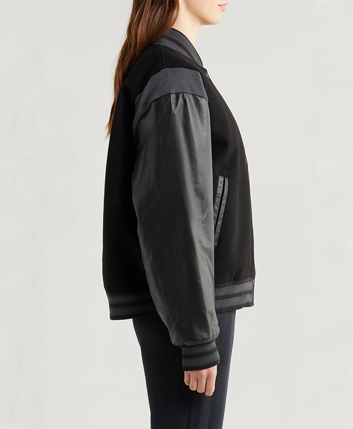 Sportswear Womens Black Leather Sleeves Bomber Jacket  - Recreated