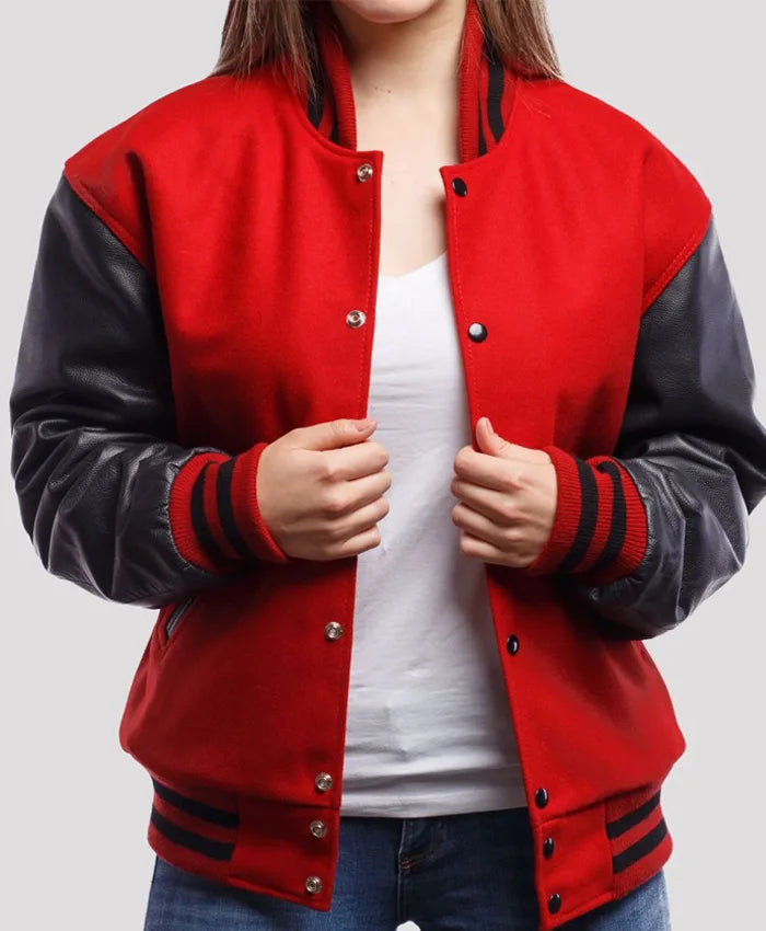 Stacie Red Wool Body Black Leather Sleeves Lettermen Jacket  - Recreated