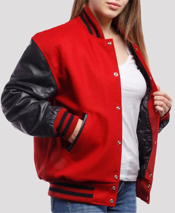Stacie Red Wool Body Black Leather Sleeves Lettermen Jacket  - Recreated