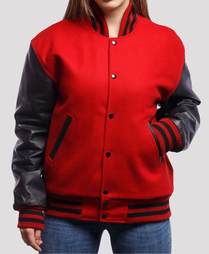 Stacie Red Wool Body Black Leather Sleeves Lettermen Jacket  - Recreated