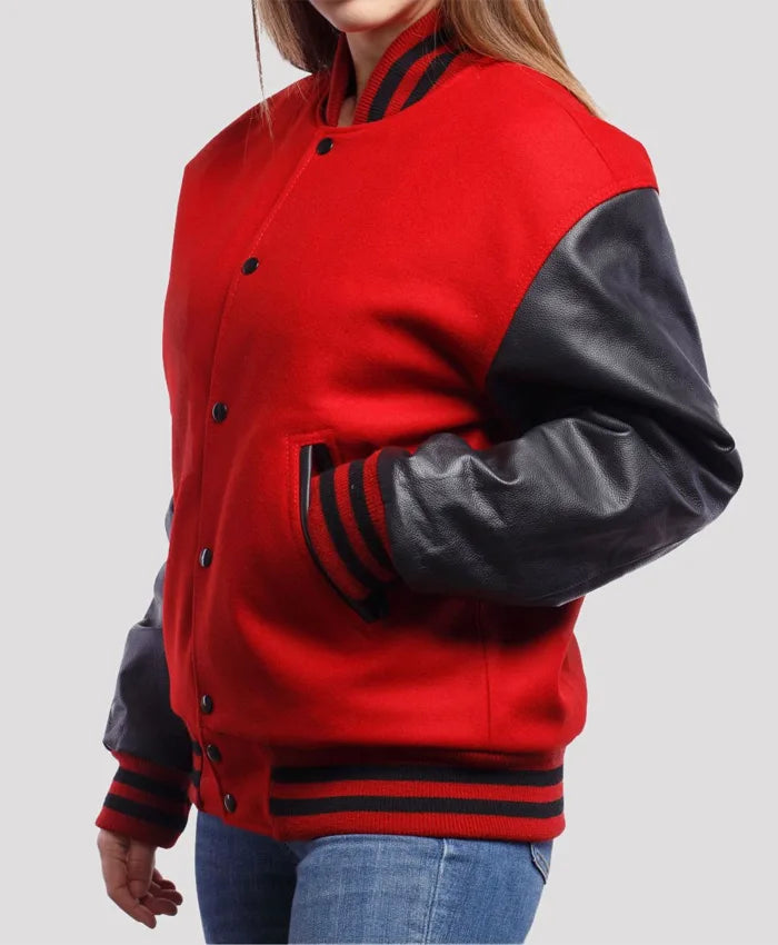 Stacie Red Wool Body Black Leather Sleeves Lettermen Jacket  - Recreated