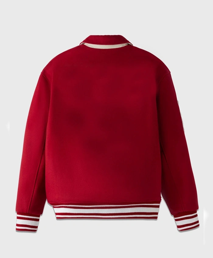 Stand Ford Red Trendy Drop Down Collar Varsity Jacket  - Recreated