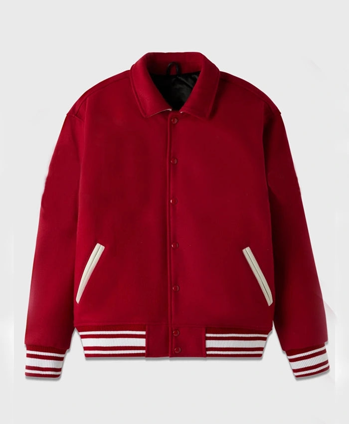 Stand Ford Red Trendy Drop Down Collar Varsity Jacket  - Recreated