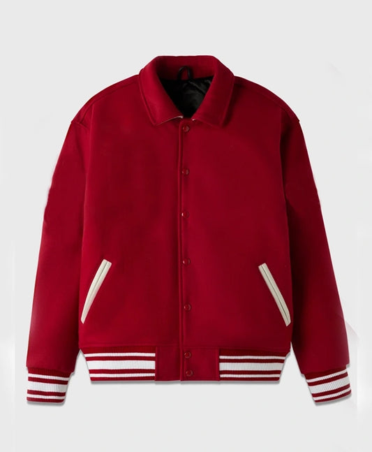 Stand Ford Red Trendy Drop Down Collar Varsity Jacket  - Recreated