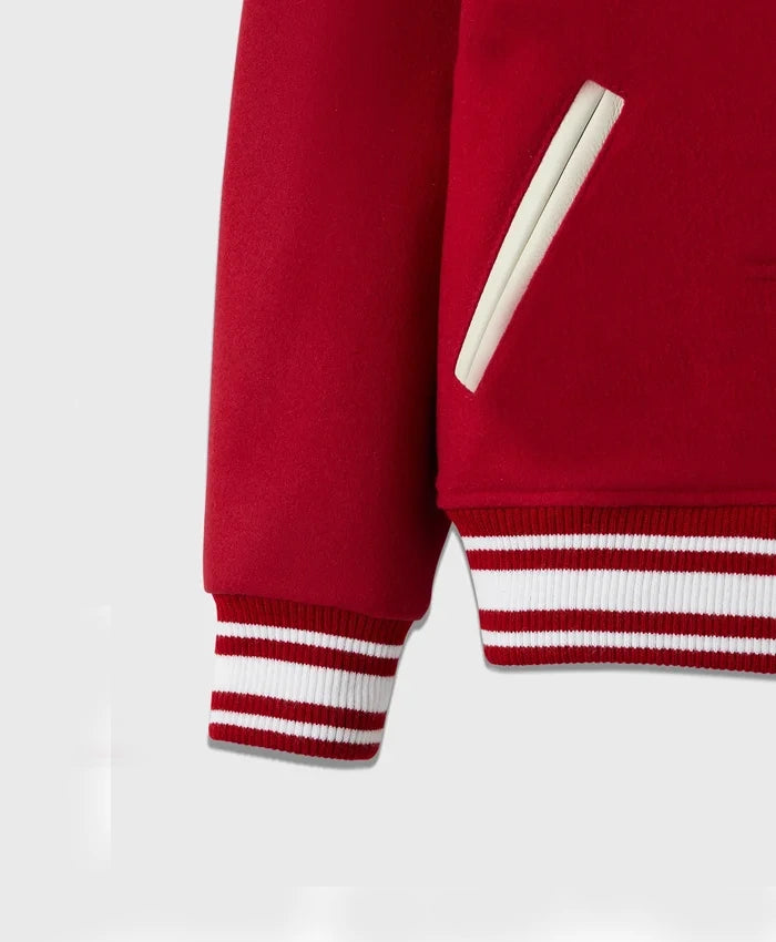 Stand Ford Red Trendy Drop Down Collar Varsity Jacket  - Recreated
