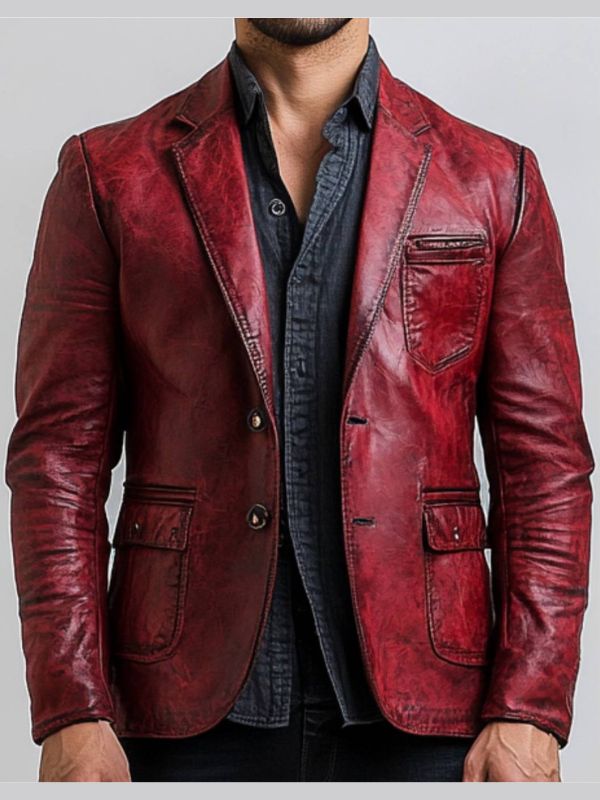 Teddy Red Leather Blazer - Leather Blazer for Men Red