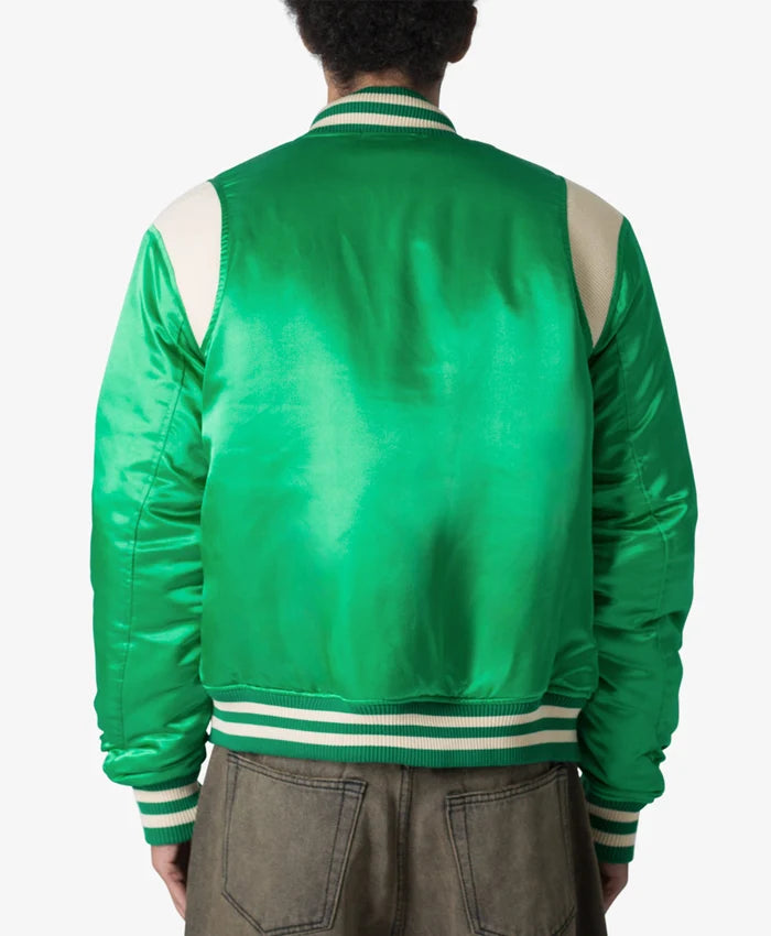 Trendy Satin Green Letterman Varsity Jacket  - Recreated