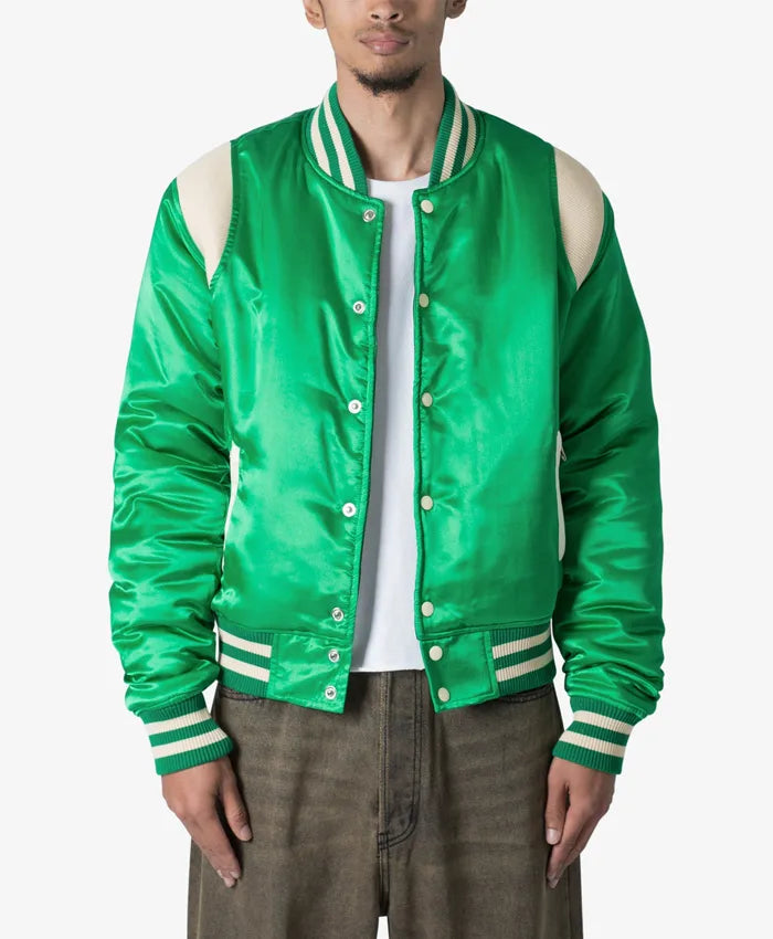 Trendy Satin Green Letterman Varsity Jacket  - Recreated