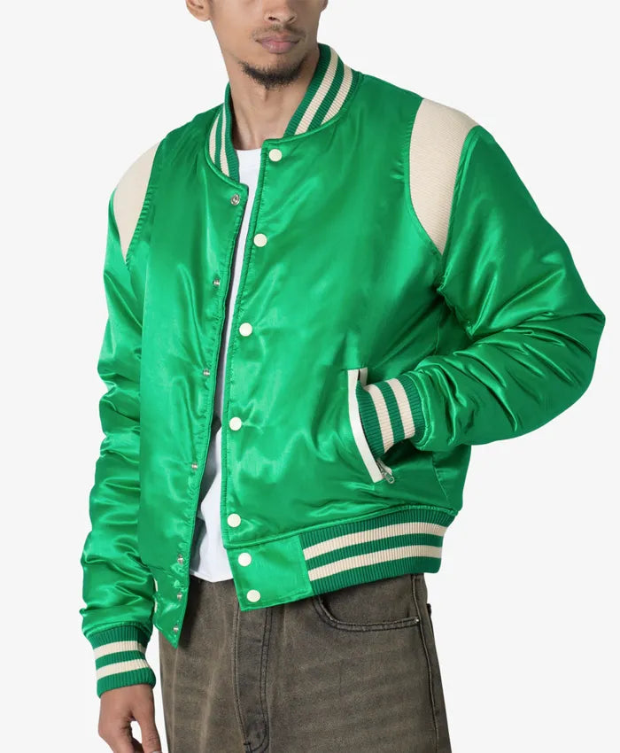 Trendy Satin Green Letterman Varsity Jacket  - Recreated