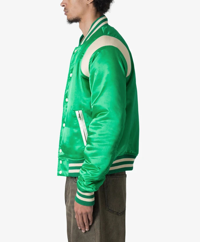 Trendy Satin Green Letterman Varsity Jacket  - Recreated