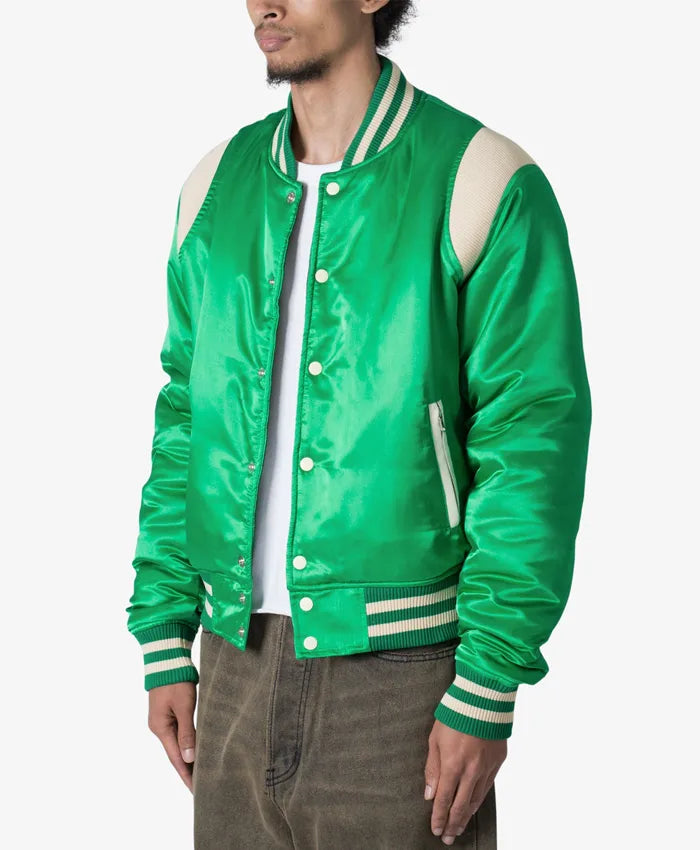 Trendy Satin Green Letterman Varsity Jacket  - Recreated