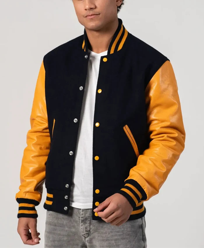 Unisex Black And Yellow Leather Varsity Jacket  - Recreated