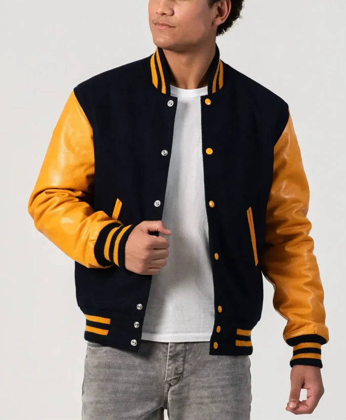 Unisex Black And Yellow Leather Varsity Jacket  - Recreated