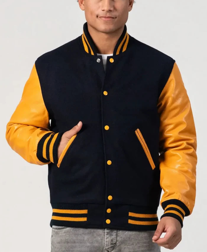 Unisex Black And Yellow Leather Varsity Jacket  - Recreated