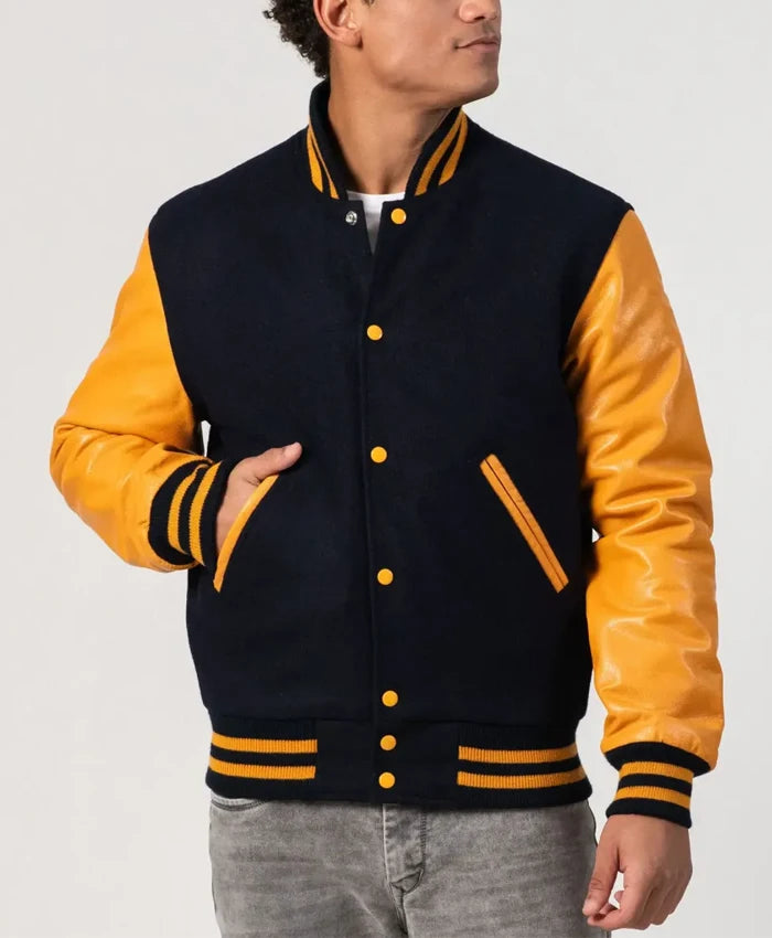 Unisex Black And Yellow Leather Varsity Jacket  - Recreated