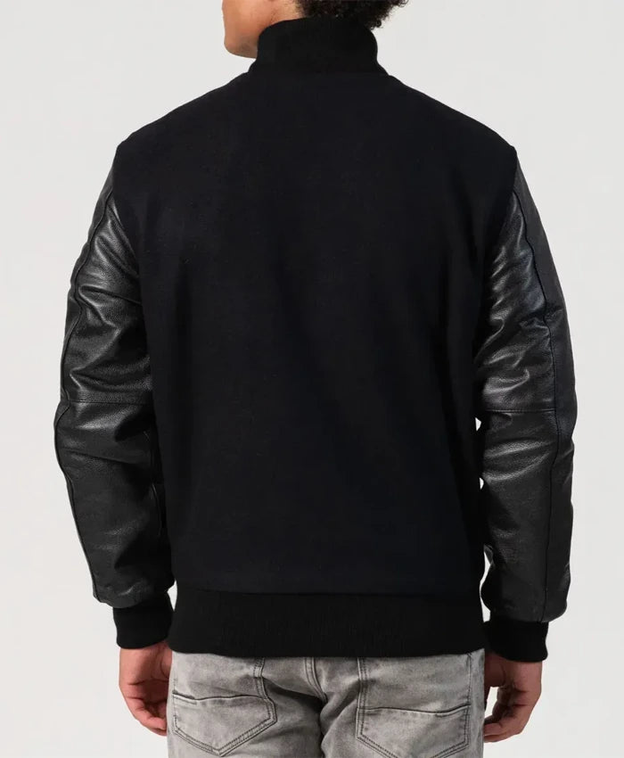 Unisex Black Varsity Jacket With Leather Sleeves  - Recreated