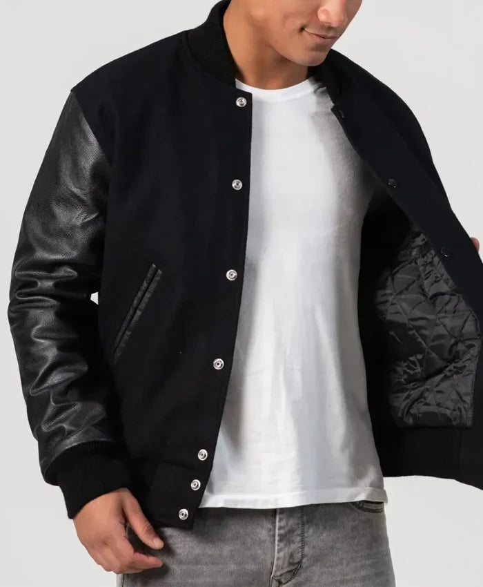 Unisex Black Varsity Jacket With Leather Sleeves  - Recreated