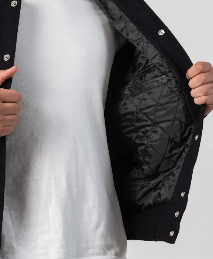 Unisex Black Varsity Jacket With Leather Sleeves  - Recreated