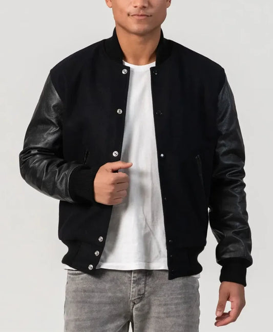 Unisex Black Varsity Jacket With Leather Sleeves  - Recreated