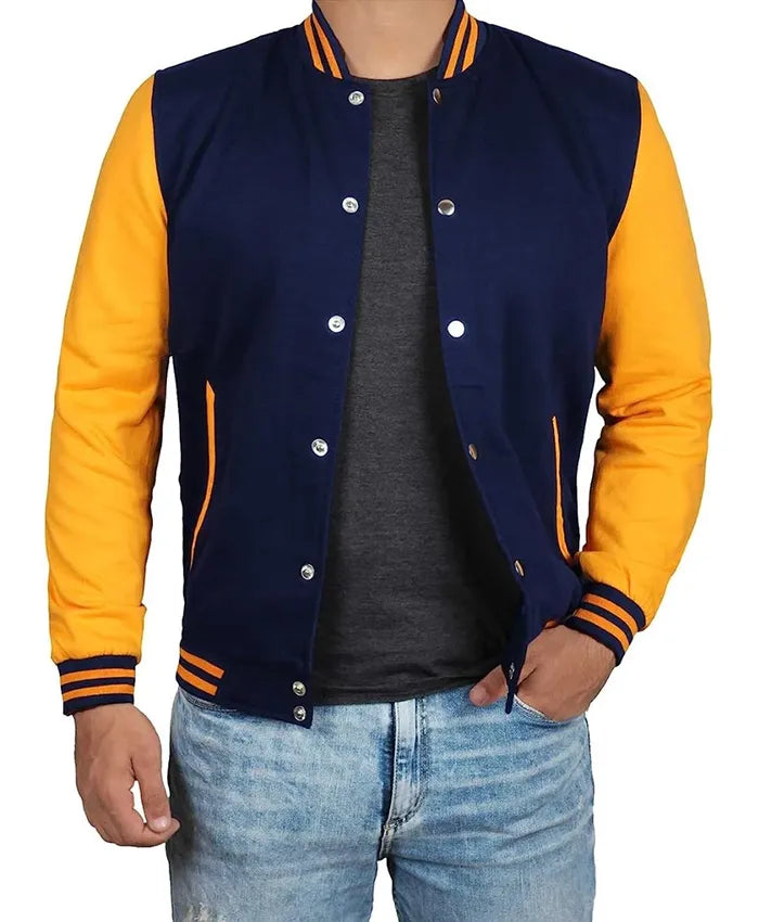 Unisex Blue And Yellow Varsity Bomber Jacket  - Recreated