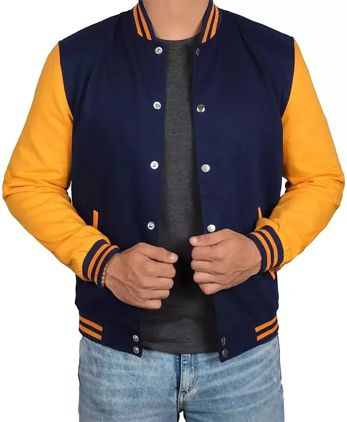 Unisex Blue And Yellow Varsity Bomber Jacket  - Recreated